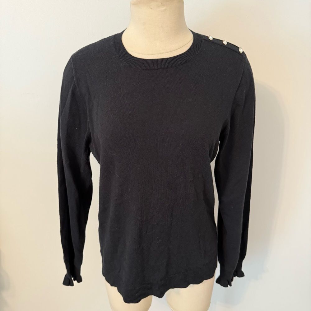 J. Crew Black Cotton Ruffle Rhinestone Sweater Size Large - Picture 4 of 10